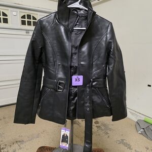 Kenneth Cole Reaction Black Faux Leather Belted Jacket with High Collar